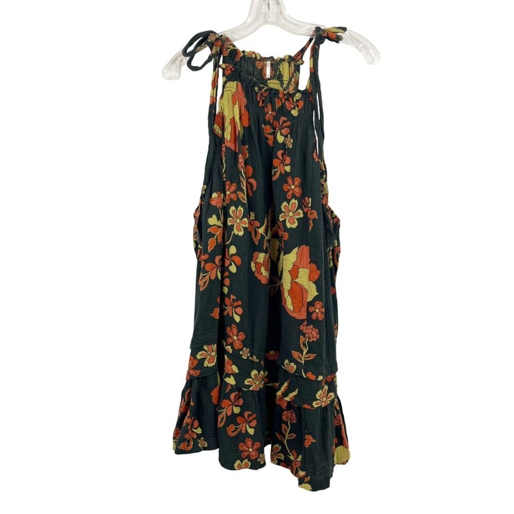 Free People Fleur Printed Tunic‎ Black Orange Floral Gauze Boho Flowy - MEDIUM